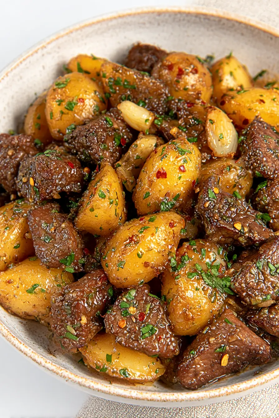 Garlic Butter Steak and Potatoes in a rustic bowl, coated with garlic herb butter and garnished with parsley