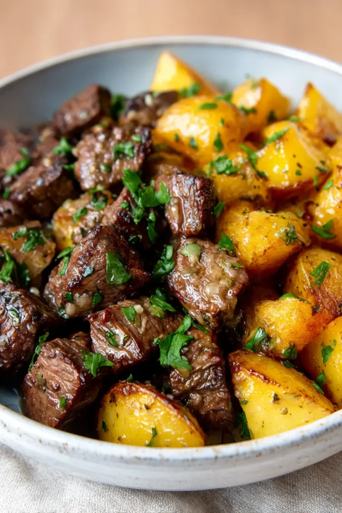 Garlic Butter Steak and Potatoes | Quick & Delicious Dinner 7 Garlic Butter Steak and Potatoes served in a white ceramic bowl, topped with fresh parsley