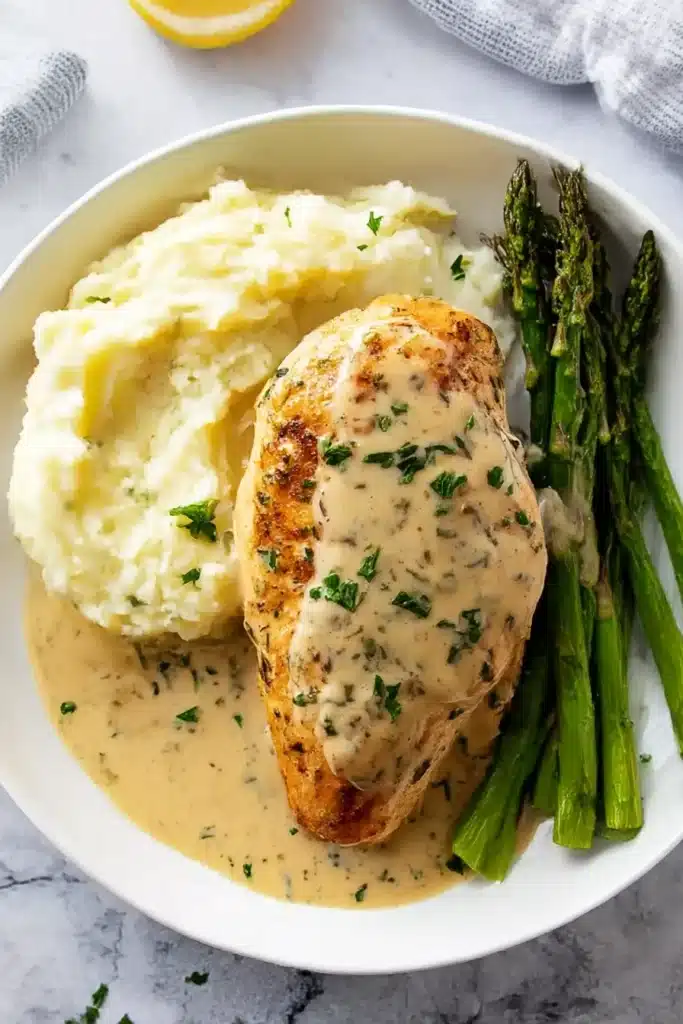 Garlic Parmesan Chicken plated with creamy sauce, mashed potatoes, and roasted asparagus.