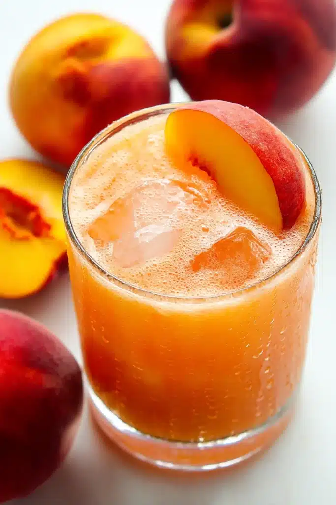 Amazing Fresh Peach Margaritas Recipe | Quick & Refreshing 11 Fresh Peach Margaritas served with ice and peach wedge on pale wooden table