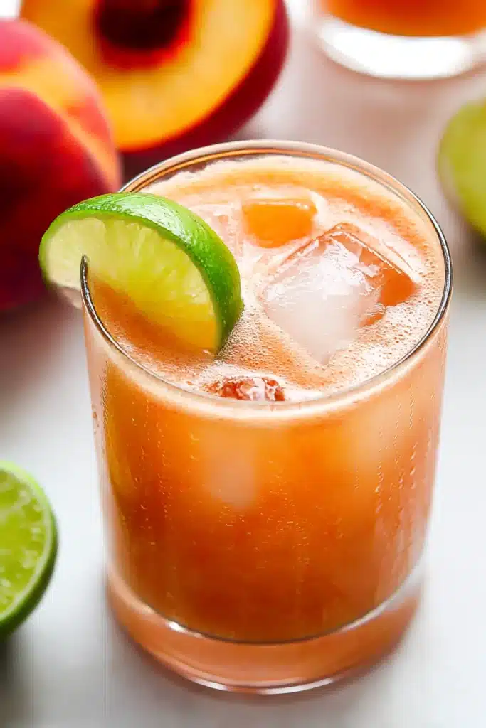 Amazing Fresh Peach Margaritas Recipe | Quick & Refreshing 13 Fresh Peach Margaritas with lime wedge garnish and ice on pale wooden table