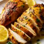 Air Fryer Chicken Breasts – Juicy & Easy Weeknight Dinner 9 air fryer chicken breasts served sliced with lemon wedges and herbs on a white plate