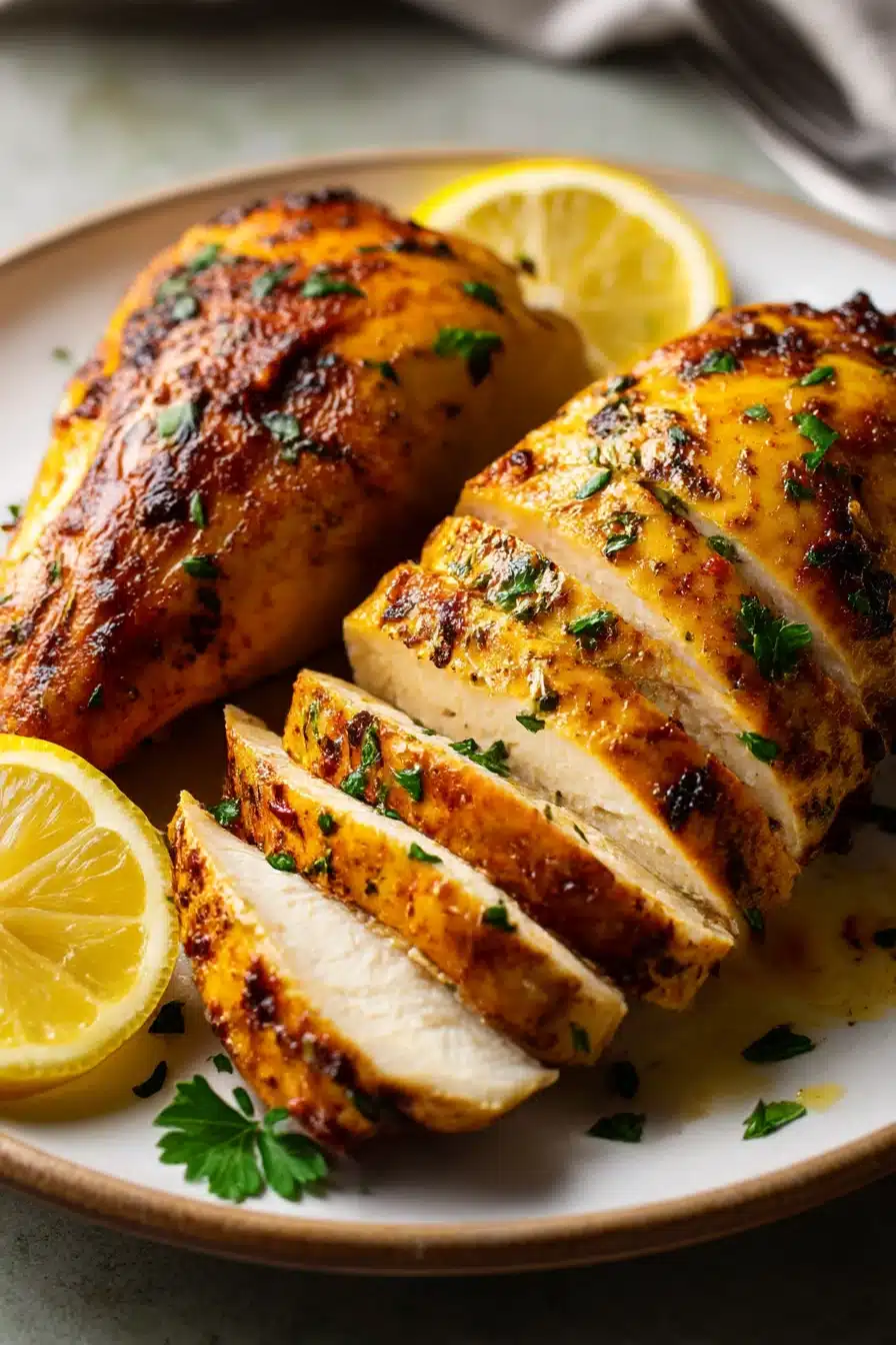 air fryer chicken breasts served sliced with lemon wedges and herbs on a white plate