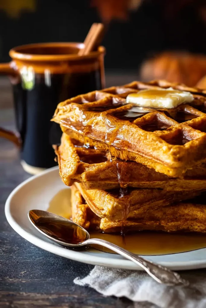 Stack of cider pumpkin waffles with melted maple butter and maple syrup dripping down
