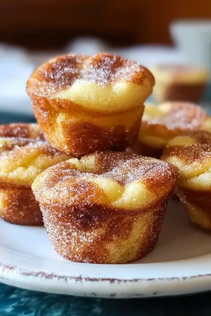 Freshly baked cinnamon sugar French toast muffins stacked on a white plate with crispy golden edges and soft sugar-dusted tops.