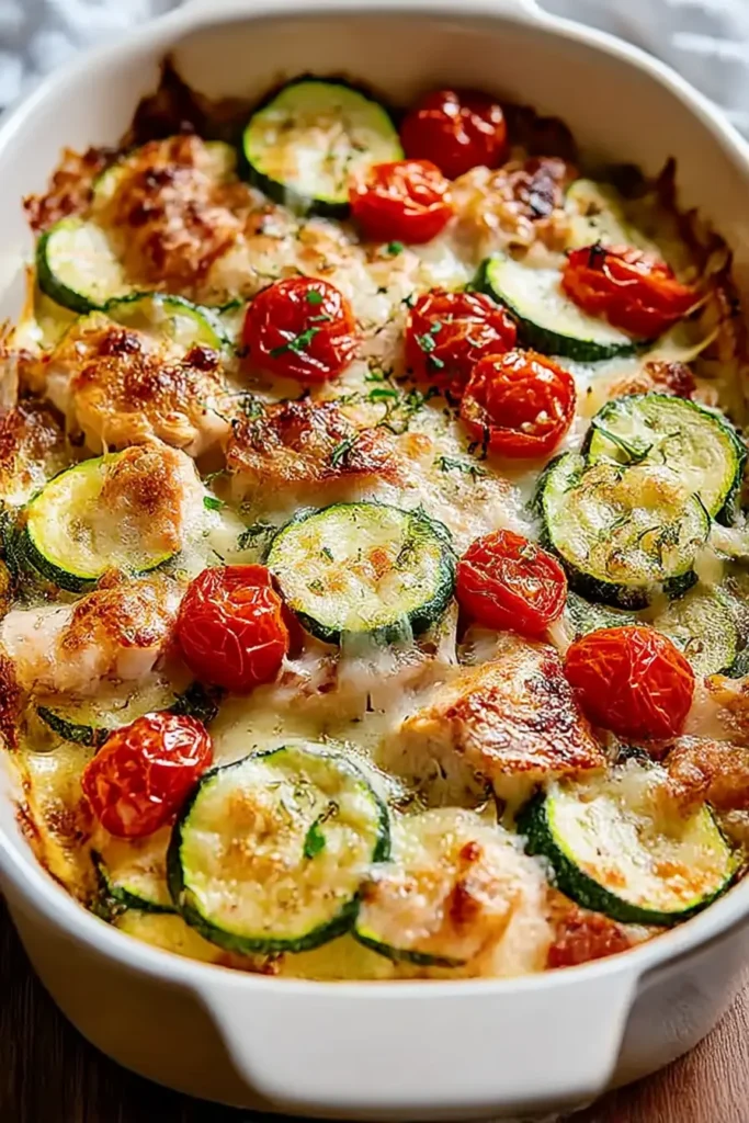 Mediterranean Chicken Zucchini Bake (Easy & Amazing Recipe) 6 Close-up of baked Mediterranean chicken with zucchini, cherry tomatoes, and golden melted cheese in a beige ceramic dish.