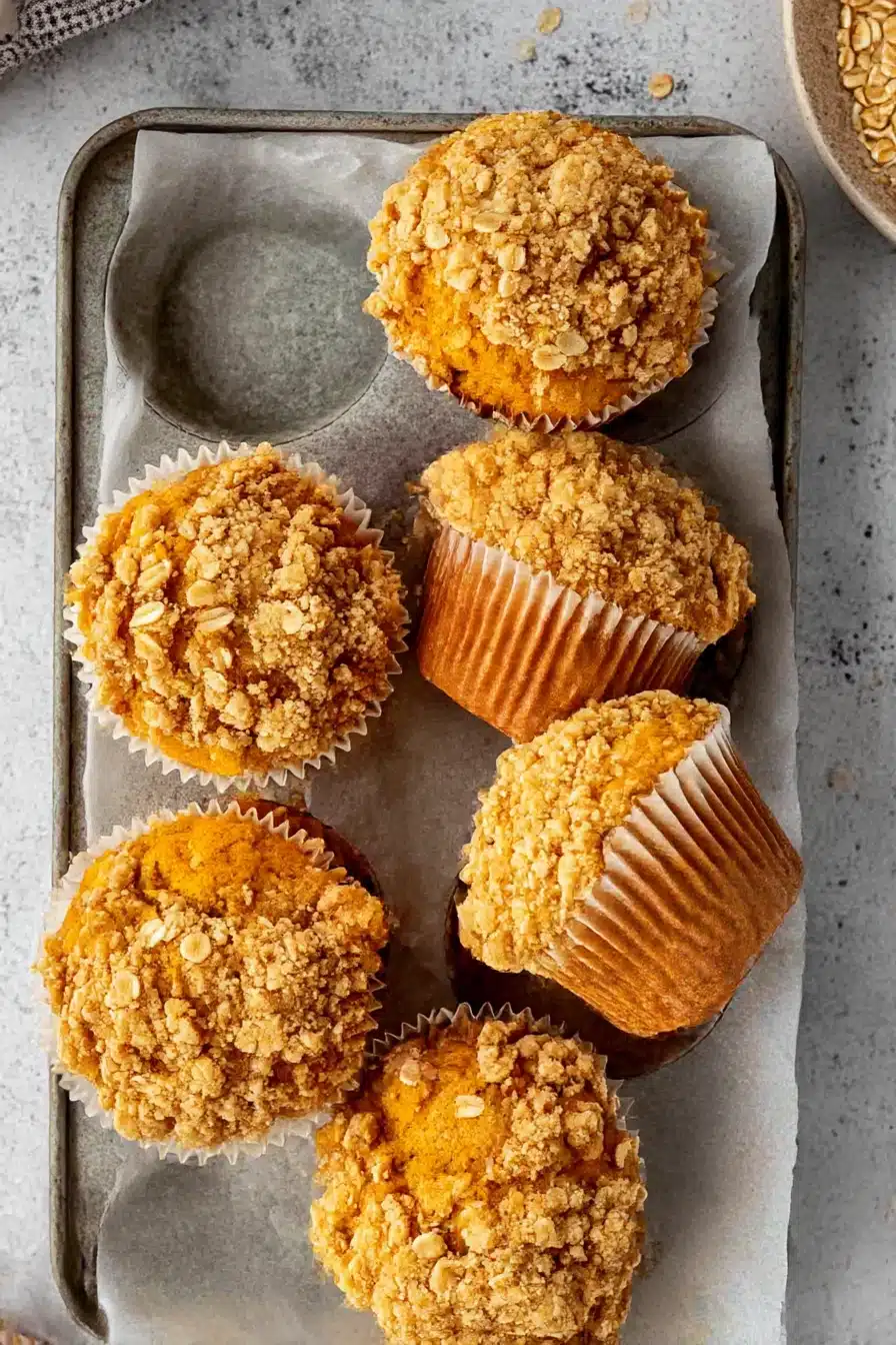 Pumpkin oatmeal muffins with crisp oat streusel in a parchment-lined tray on a light surface