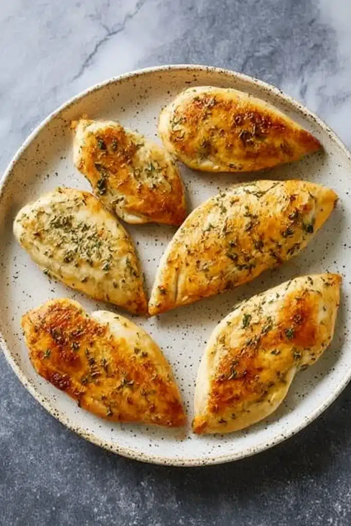 Seared chicken breasts on rustic ceramic plate with golden crispy edges and herbs.