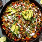 Overhead view of a colorful ground beef and zucchini skillet topped with avocado, lime wedges, cheese, and sour cream drizzle in a black skillet.
