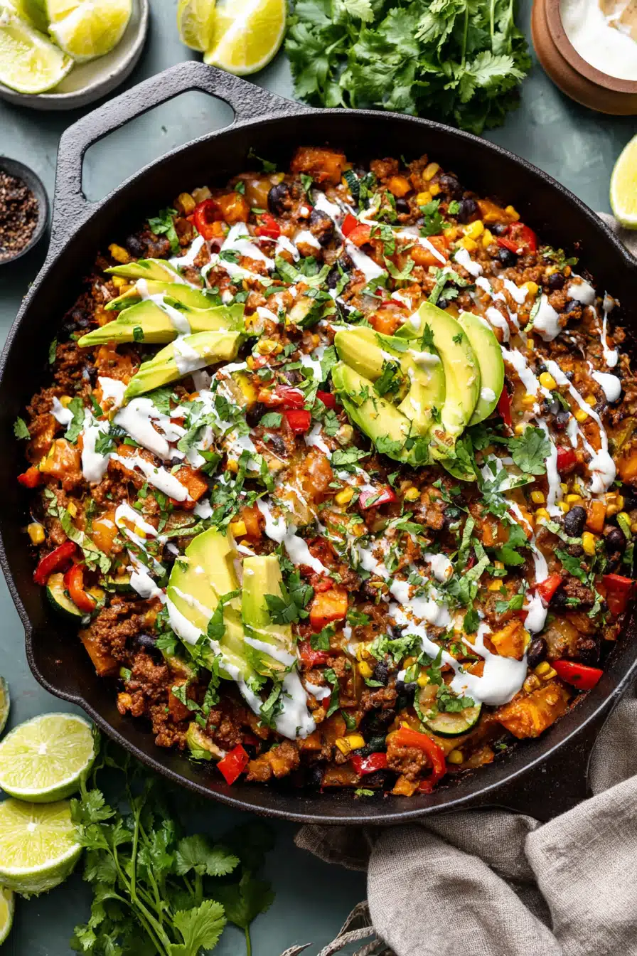 Overhead view of a colorful ground beef and zucchini skillet topped with avocado, lime wedges, cheese, and sour cream drizzle in a black skillet.