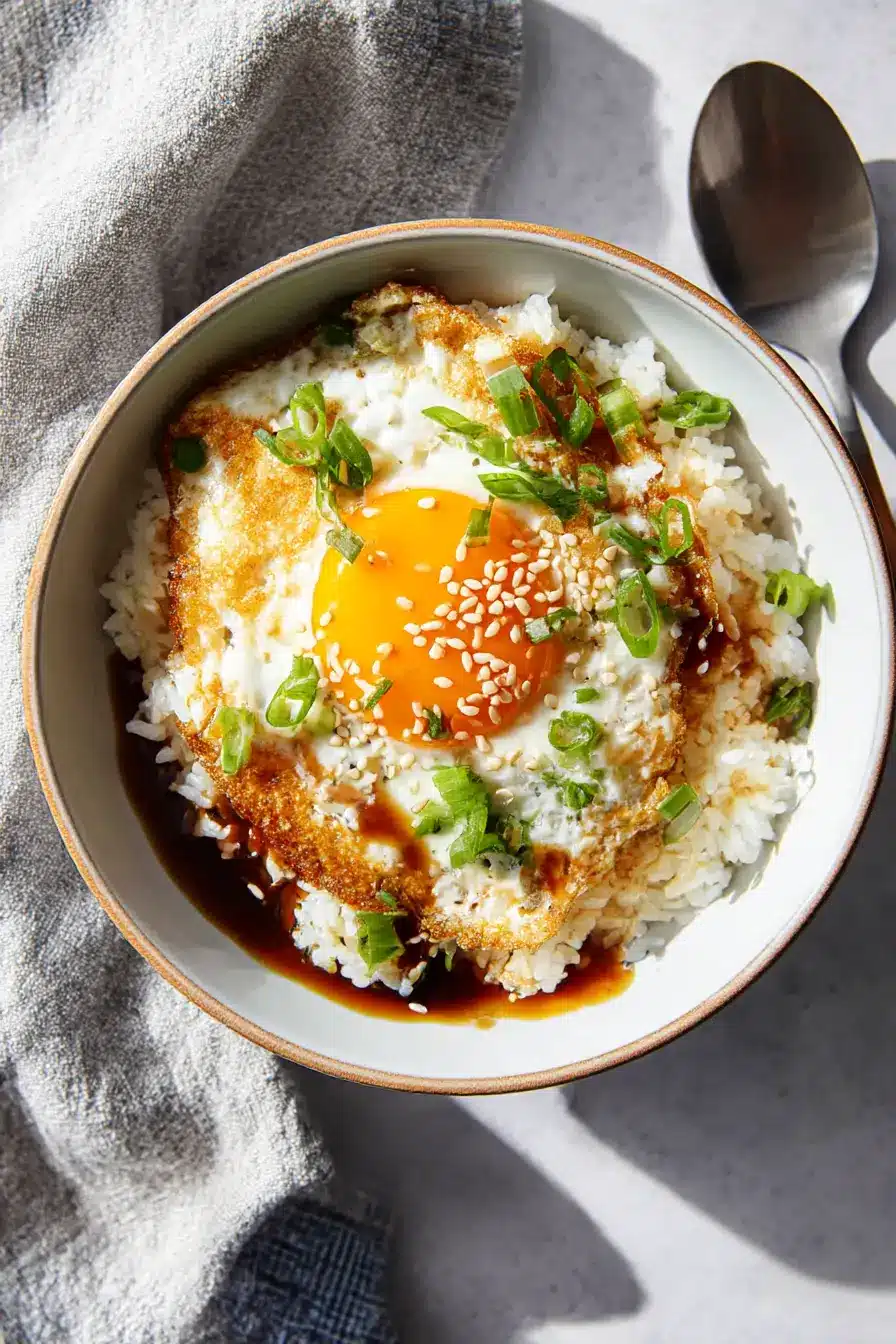 Easy Korean Egg Rice in a white bowl with fried egg and toppings