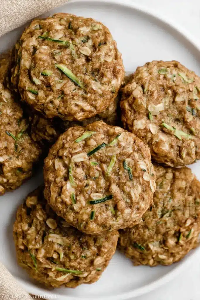 Healthy zucchini oatmeal cookies with rustic texture, golden-brown color, soft chewy surface, and visible green zucchini flecks on a white plate
