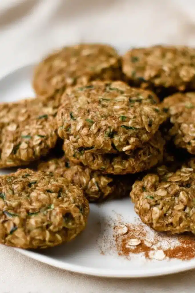 Healthy zucchini oatmeal cookies arranged on a plate with rustic texture and visible zucchini flecks