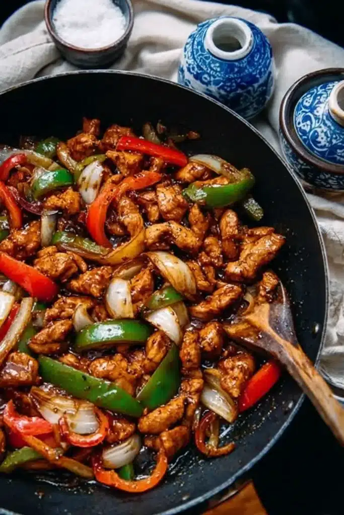 Black Pepper Chicken | Quick, Better Than Takeout Flavor 10 Skillet of cooked black pepper chicken with onions and peppers ready to serve