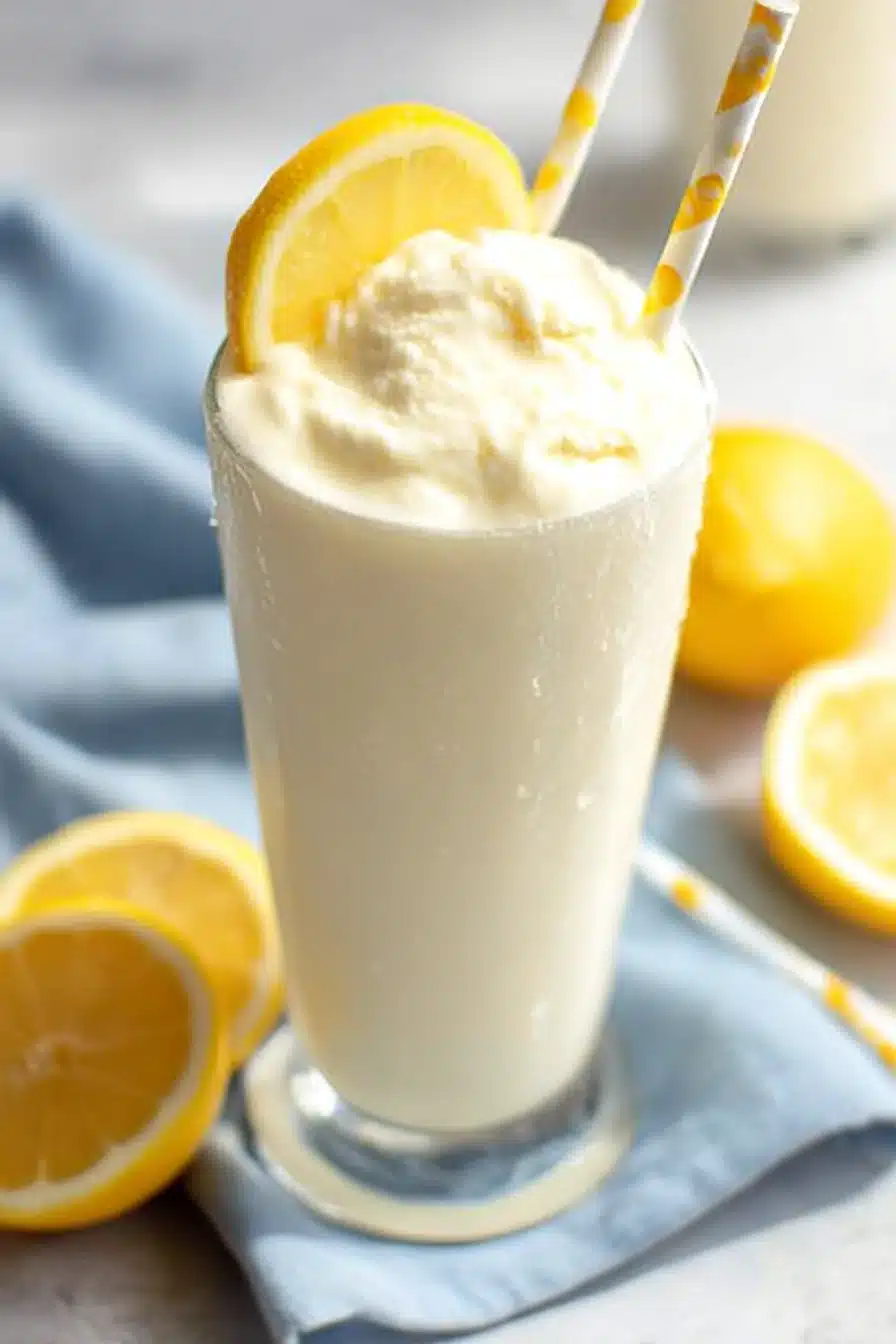 Creamy Chick-fil-A frosted lemonade in a tall glass with vanilla ice cream and lemon garnish