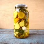 Fire Cider Recipe (Immune-Boosting Herbal Tonic) 9 Jar of homemade fire cider with sliced ginger, citrus, garlic, and herbs in vinegar on a rustic wood table