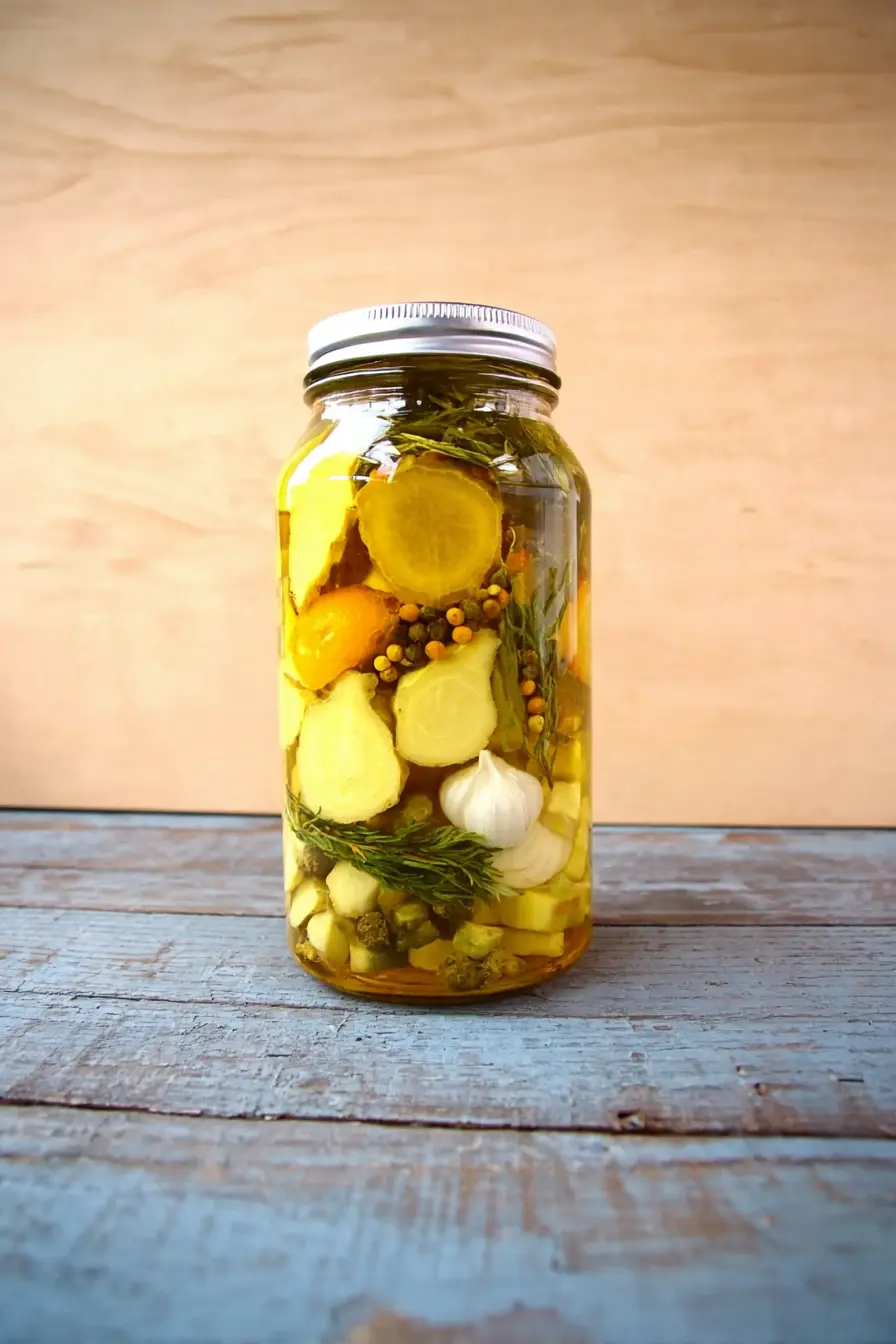 Jar of homemade fire cider with sliced ginger, citrus, garlic, and herbs in vinegar on a rustic wood table