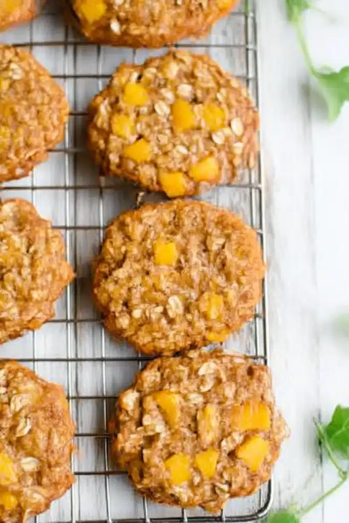 Peach Oatmeal Breakfast Cookies : Soft & Wholesome 9 Peach oatmeal cookies cooling on wire rack with bright peach chunks