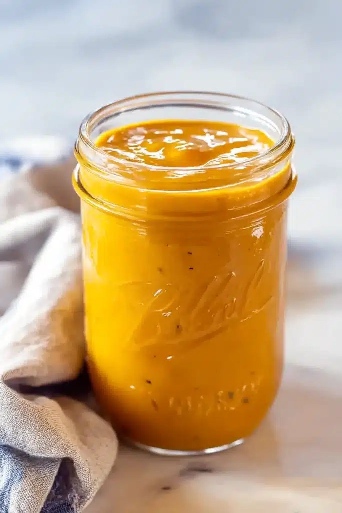 Pumpkin Pasta Sauce stored in a mason jar on a light wooden surface with a soft kitchen towel