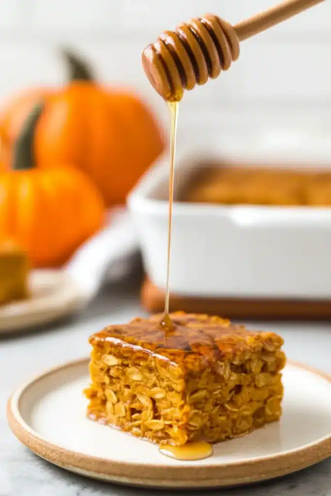 Honey drizzling onto pumpkin baked oatmeal slice on ceramic plate with cozy rustic kitchen background