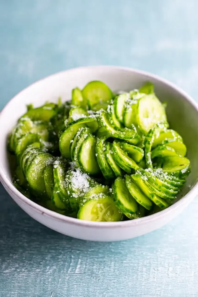 Spiralized cucumbers sprinkled with salt in a white bowl on a rustic surface