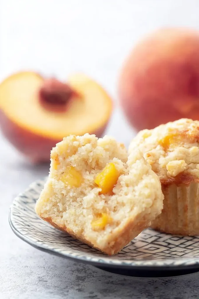 Keto Peach Cobbler Muffins 8 Close-up of sliced keto peach cobbler muffin with peach chunks on patterned plate
