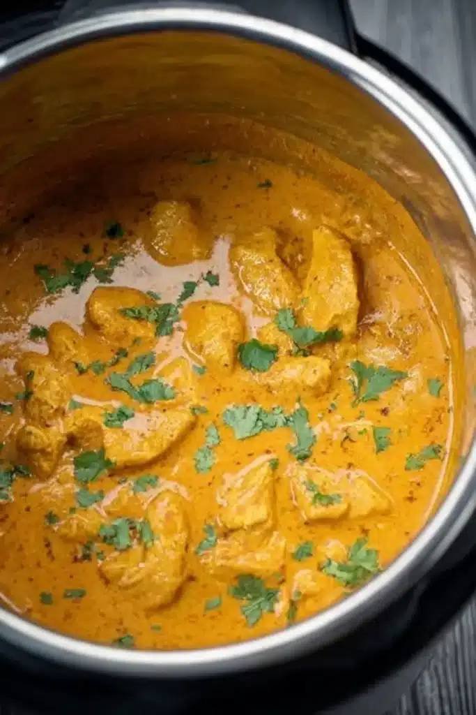 Coconut chicken curry inside an Instant Pot with golden sauce and cilantro garnish.