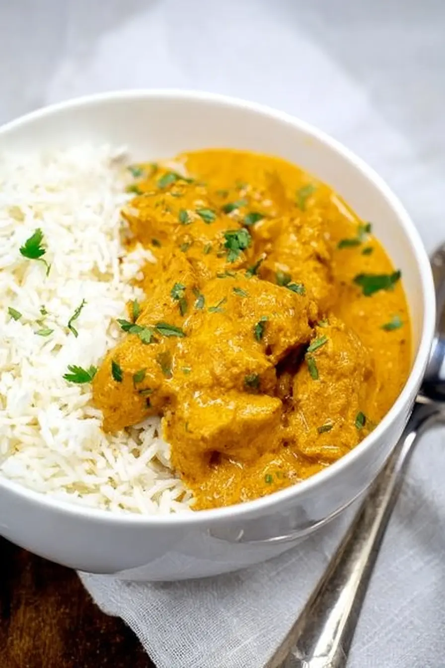 Creamy coconut chicken curry served with basmati rice in a white bowl, garnished with cilantro.