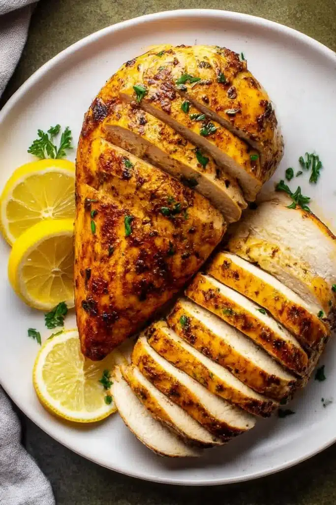 Air Fryer Chicken Breasts – Juicy & Easy Weeknight Dinner 8 Sliced air fryer chicken breast served with lemon wedges and fresh herbs on white plate