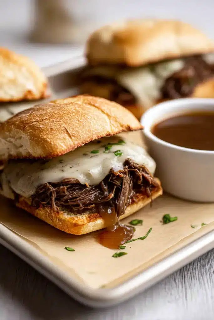 Crockpot French Dip Sandwiches with melted cheese and shredded beef on a tray