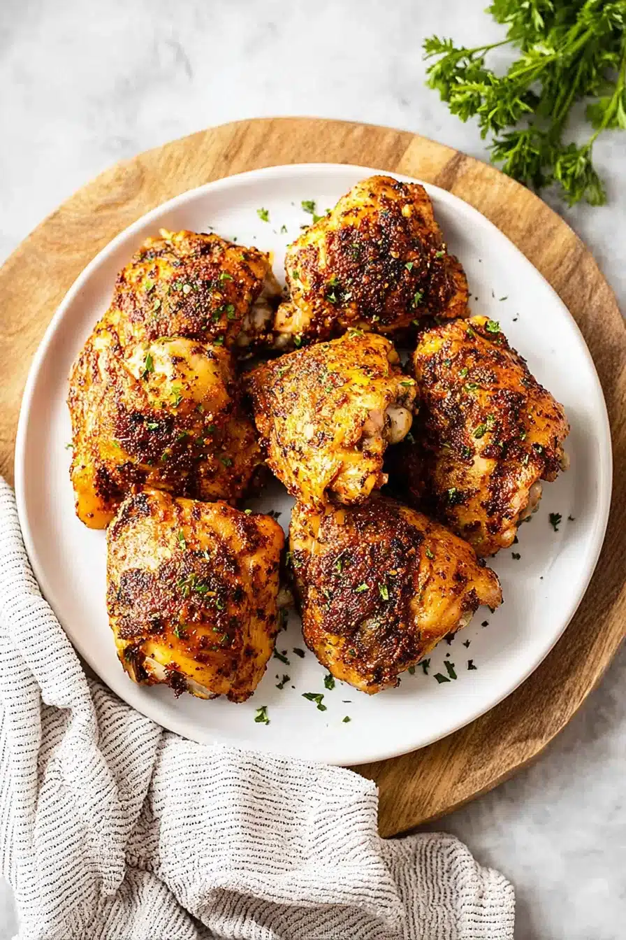 Crispy oven baked chicken thighs served on a white plate with fresh parsley on a wooden board.