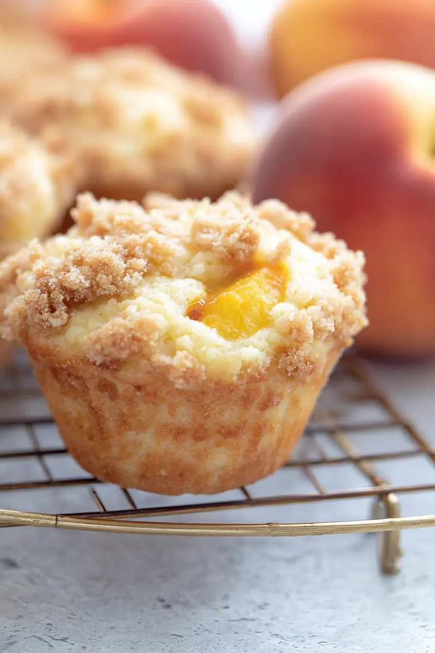 Keto peach cobbler muffin with streusel topping on a cooling rack, with whole peaches in background