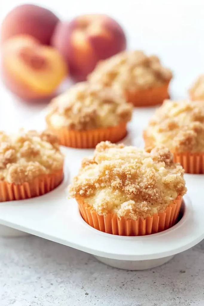 Keto peach cobbler muffins in orange liners with streusel topping, white pan, fresh peach background