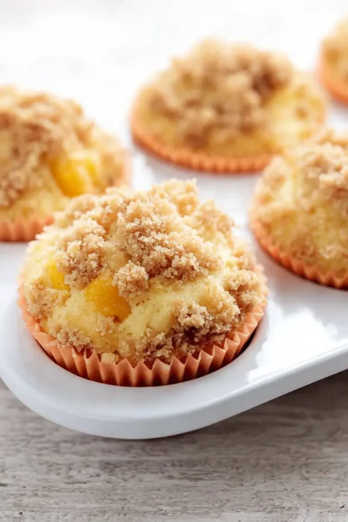 Keto Peach Cobbler Muffins 7 Close-up of keto peach cobbler muffins in a white pan with orange liners, streusel topping detail