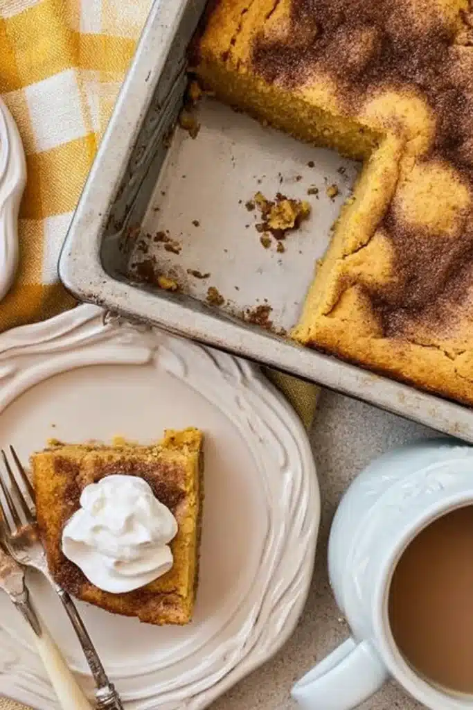 Keto Pumpkin Cake – Easy & Moist Fall Favorite 6 Overhead view of keto pumpkin cake slice with whipped cream and coffee beside full pan