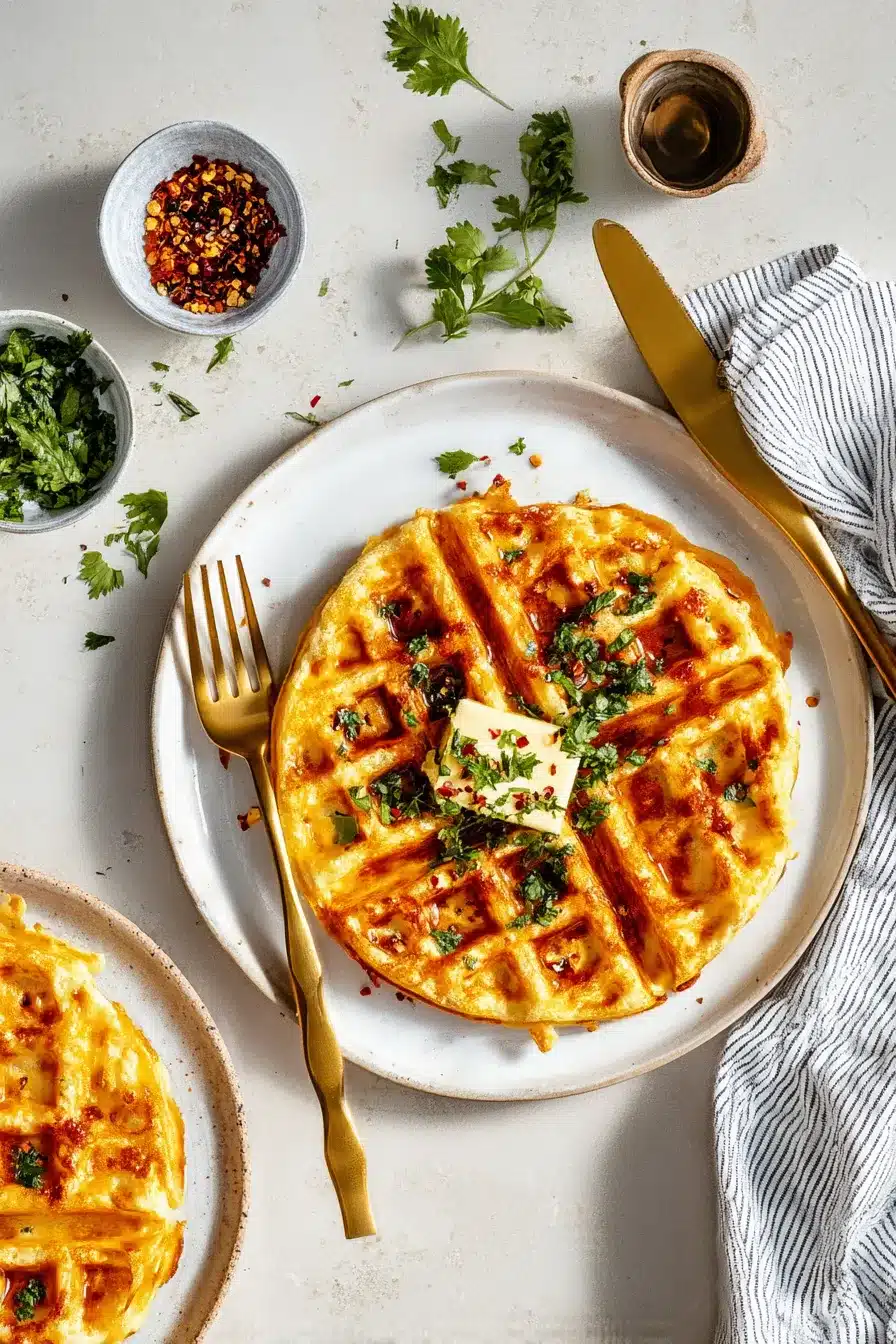 Low carb cheese and egg waffles topped with butter, parsley, and red pepper flakes on a ceramic plate