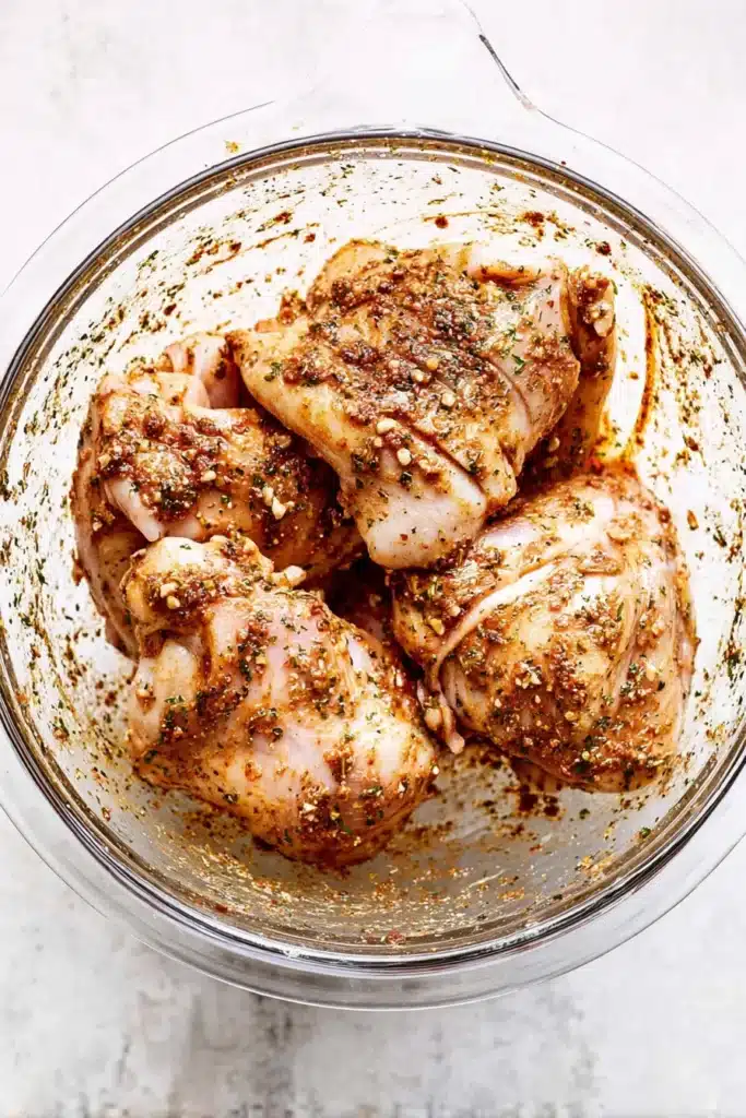 Oven Baked Chicken Thighs (Ultimate Guide) 9 Raw chicken thighs coated in a spice and herb marinade inside a clear glass bowl, ready for baking.