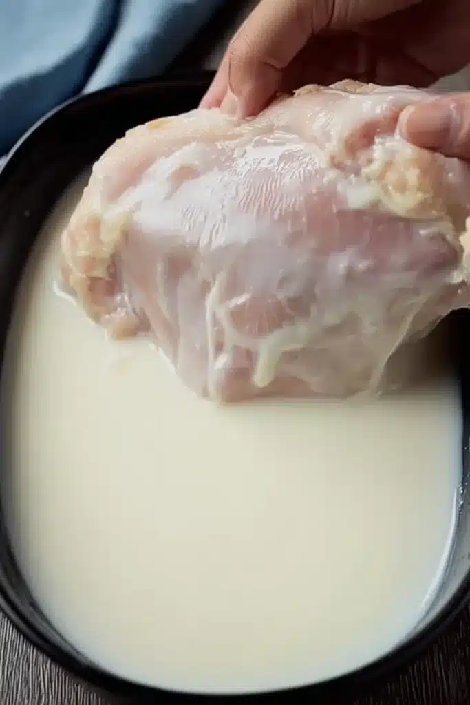 Country Fried Chicken That’s Crispy, Juicy, and Easy 10 Raw chicken breast being lifted from buttermilk marinade