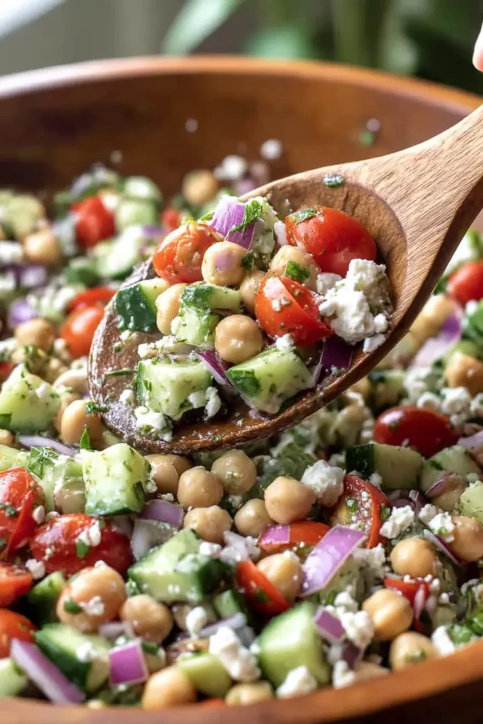 Rustic wooden bowl of cucumber and onions in vinegar salad with chickpeas, scooped with a wooden spoon