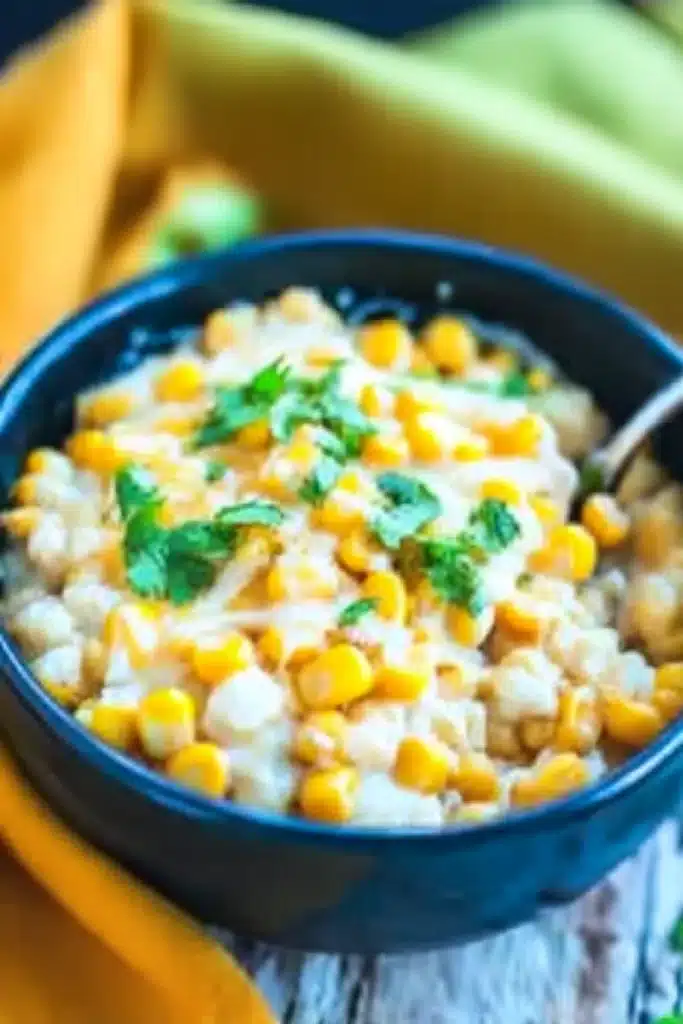Mexican Street Corn Casserole served in a blue ceramic bowl on a rustic table

