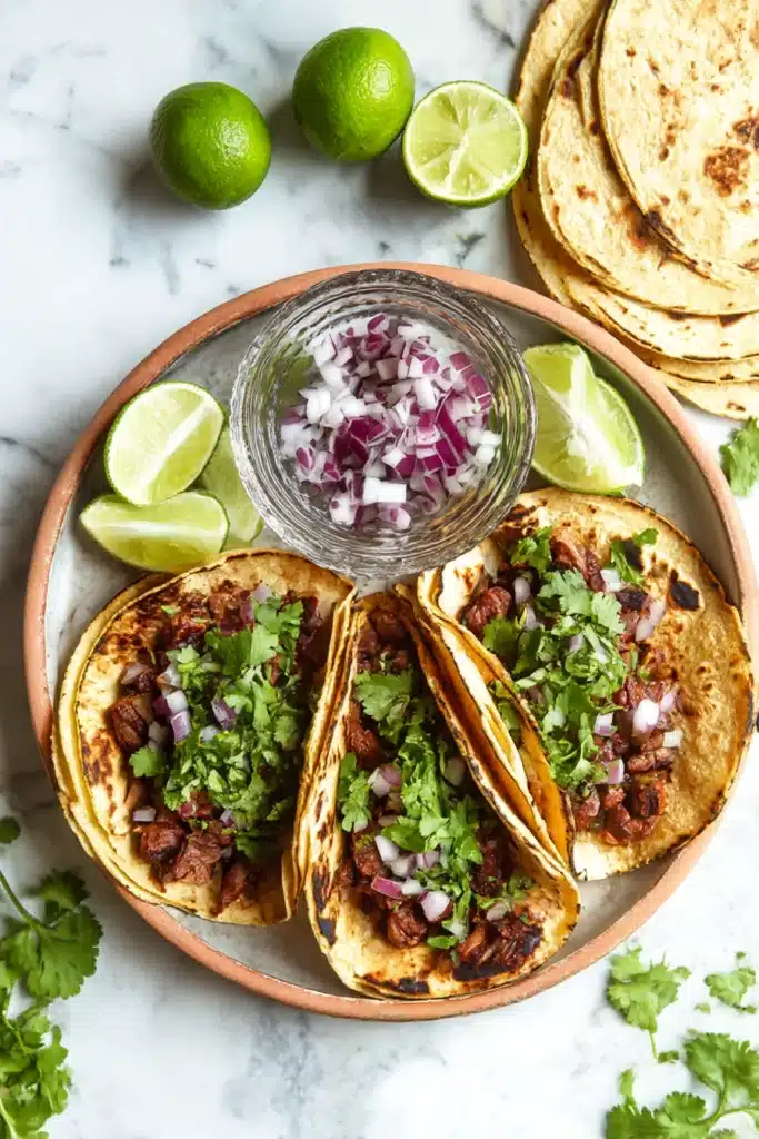 Mexican street tacos with grilled carne asada, fresh cilantro, red onion, and lime wedges on golden corn tortillas, styled on a rustic plate