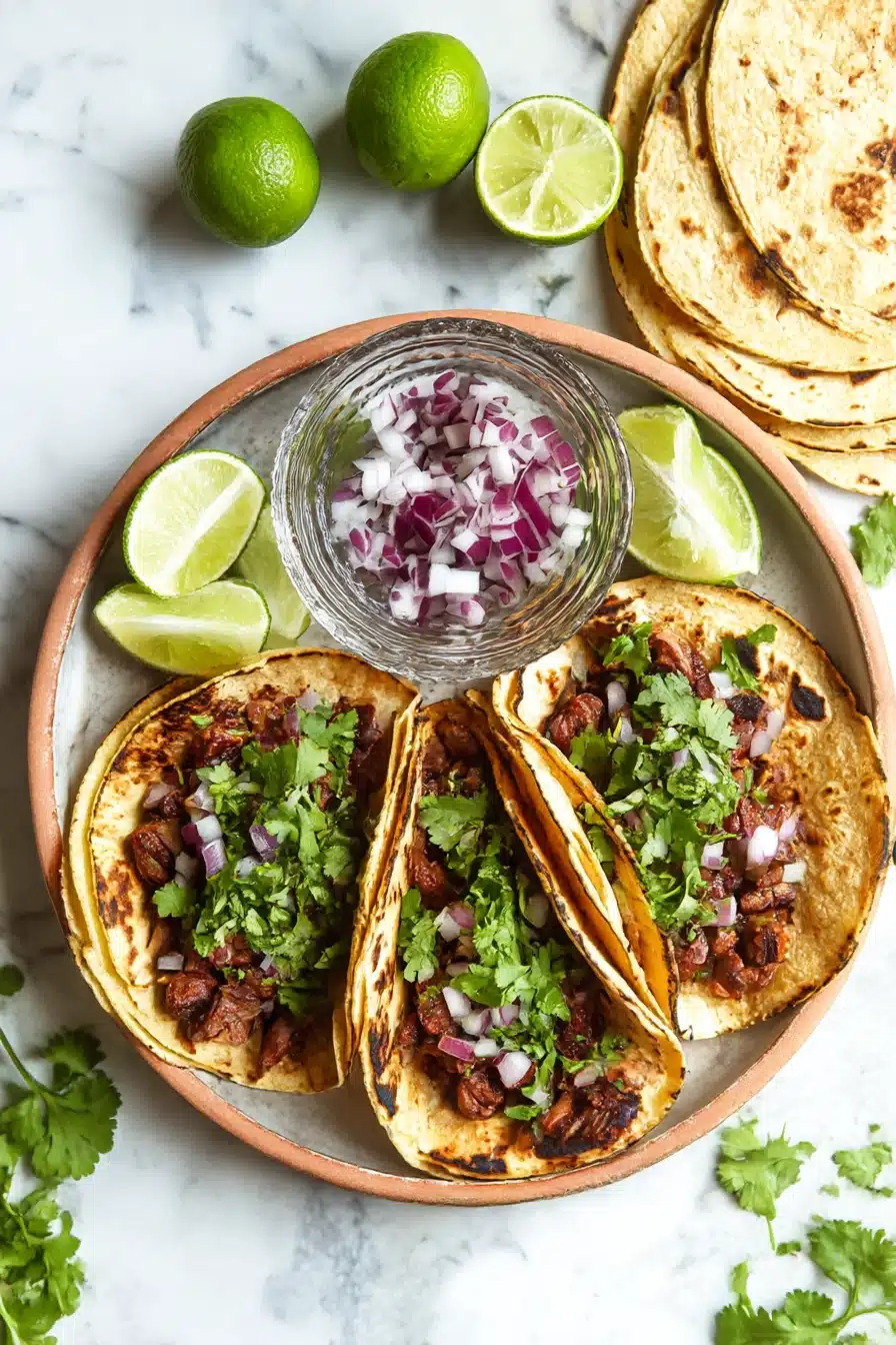 Mexican street tacos with grilled carne asada, fresh cilantro, red onion, and lime wedges on golden corn tortillas, styled on a rustic plate