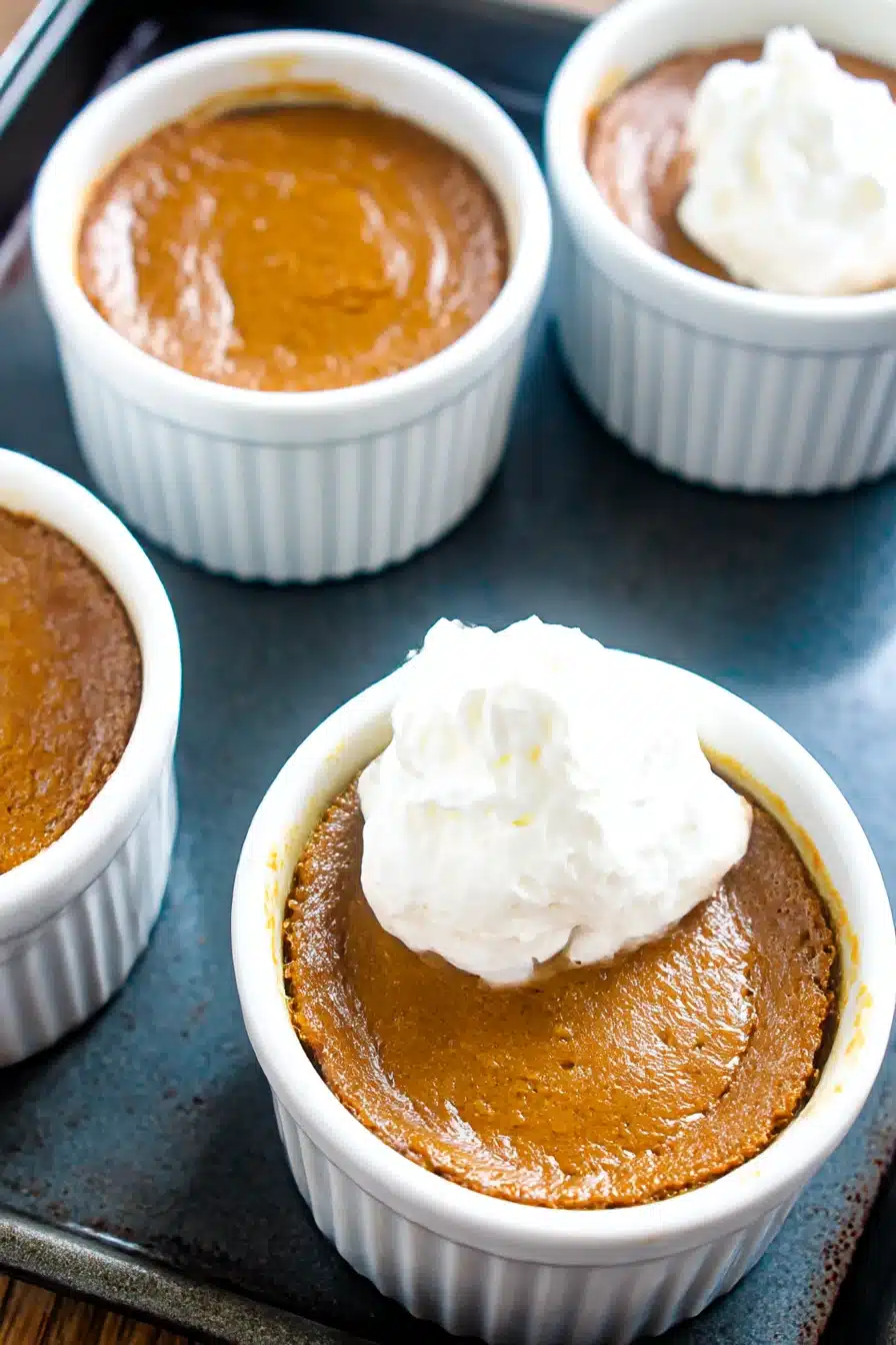 Mini Keto Crustless Pumpkin Pie topped with whipped cream in a white ramekin