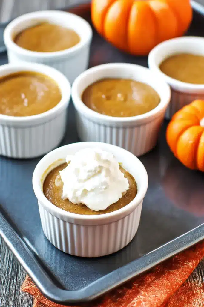 Mini Keto Crustless Pumpkin Pie in white ramekin with whipped cream and pumpkin decor