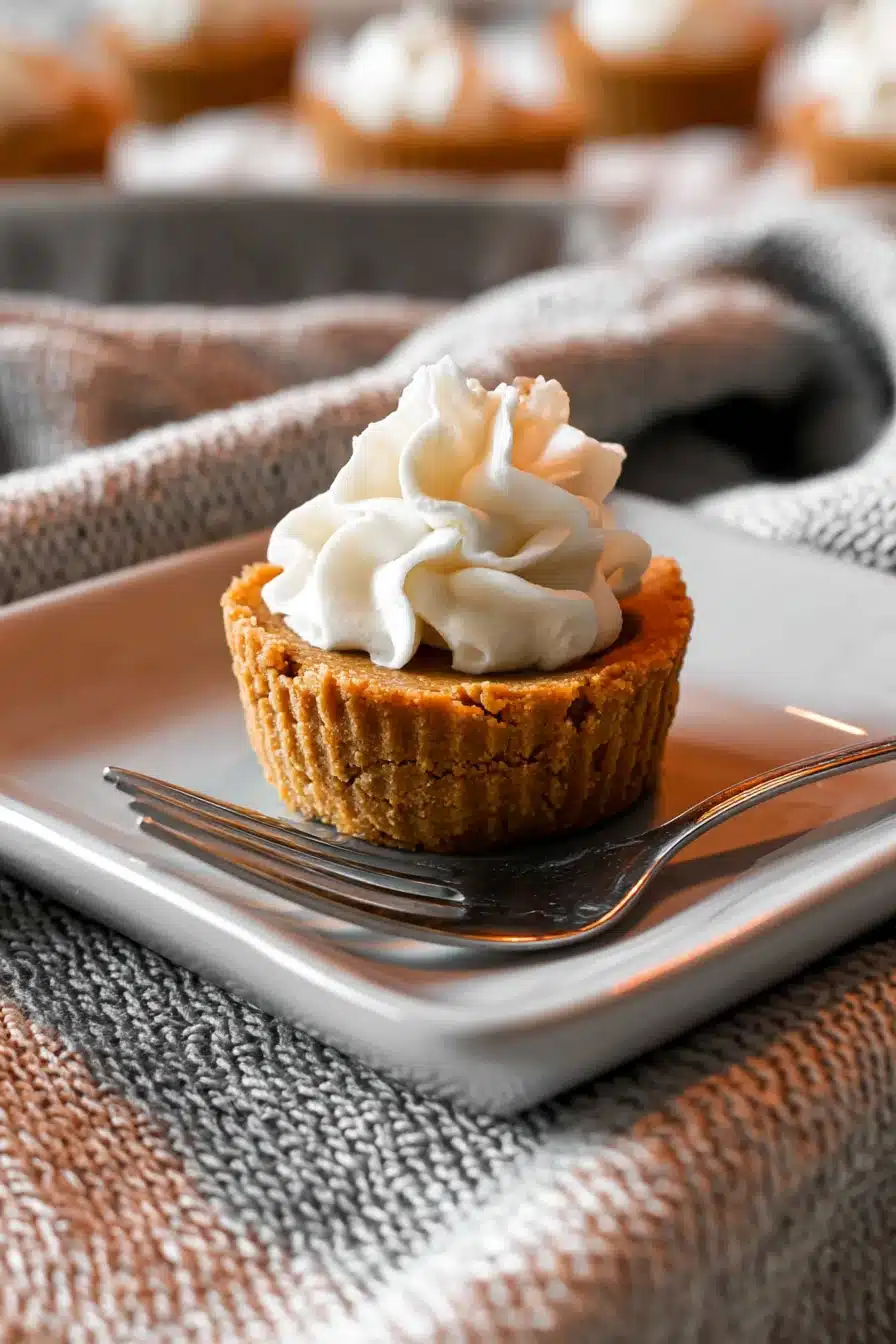 Mini keto pumpkin pie with whipped cream on a white plate and silver fork, set on a cozy fall napkin.