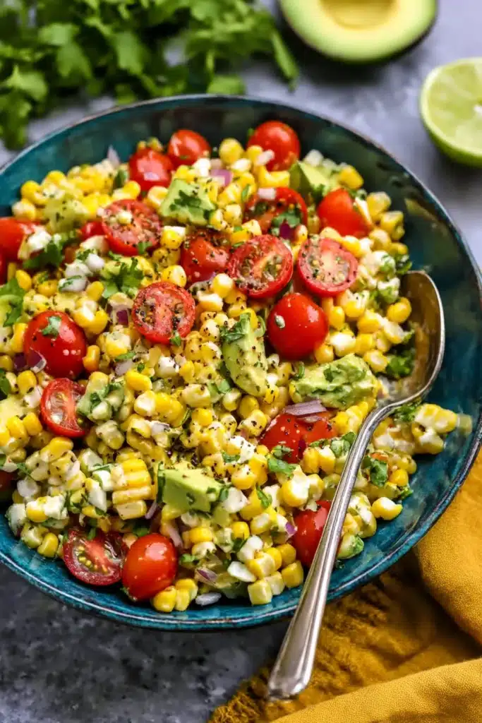 Colorful summer corn salad with avocado, cherry tomatoes, onion, cilantro, and black pepper in a teal bowl.