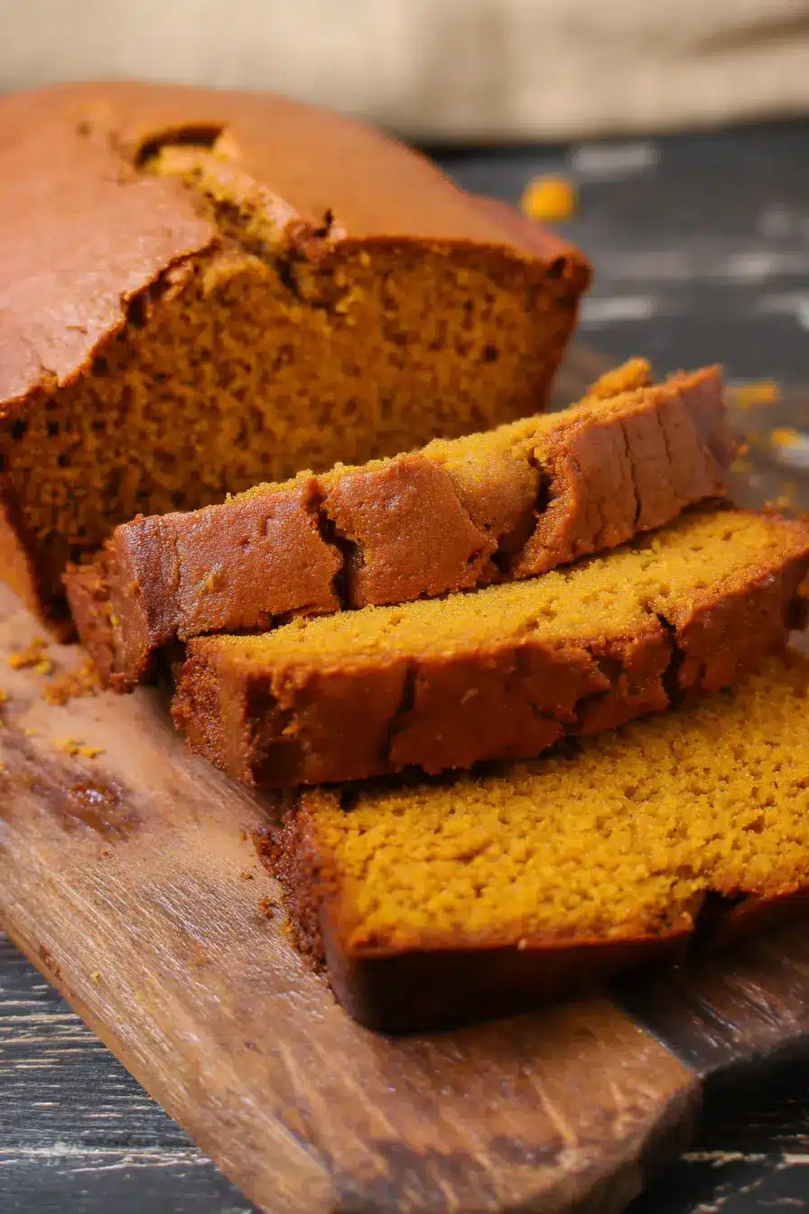 Sliced homemade pumpkin bread loaf showing golden crust and moist orange interior on rustic board.