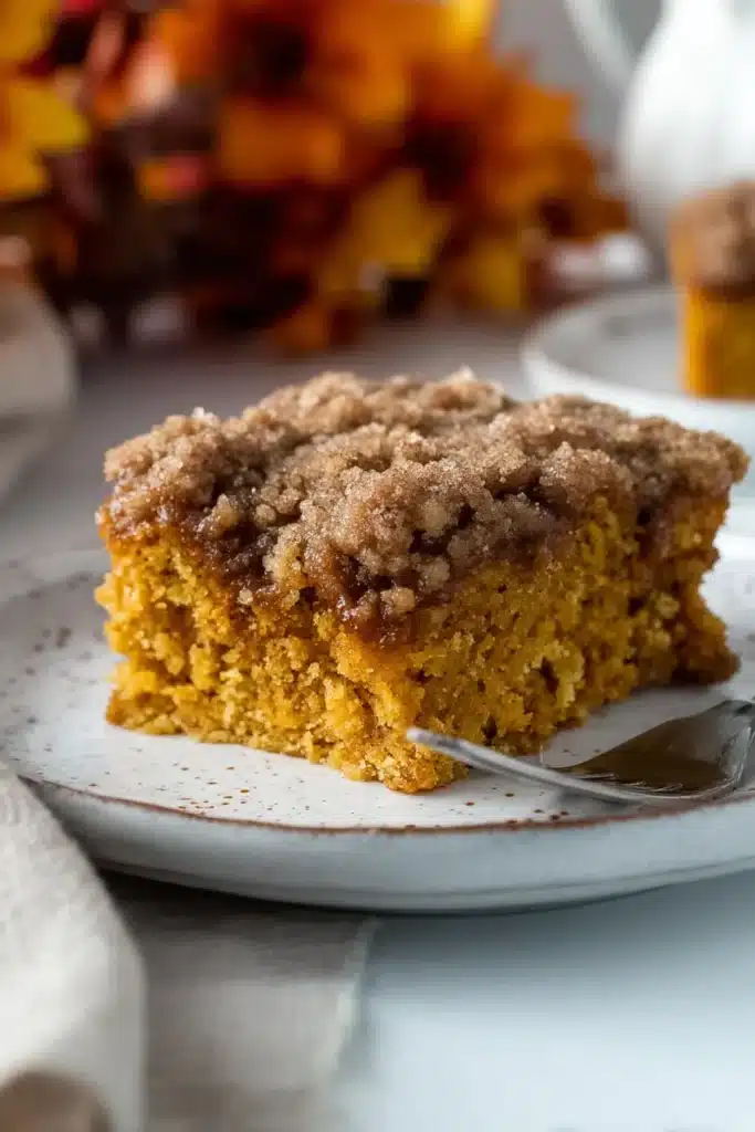 Easy Pumpkin Coffee Cake 9 Close-up of moist pumpkin coffee cake slice with crumb topping on cream plate