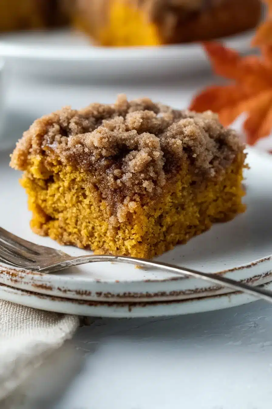 Close-up of a slice of moist pumpkin coffee cake with cinnamon crumb topping on a cream plate