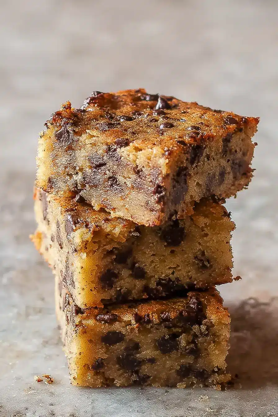 Stack of three chocolate chip banana bars with golden tops and gooey chocolate chips on dark slate surface